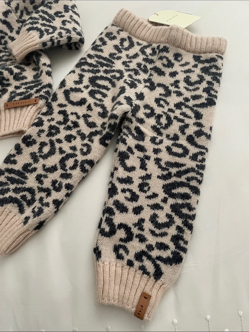 Piupichick Leopard Knit Cardigan & Jogger Set - Beige and Black